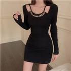 Long-sleeve Chain-accent Sheath Dress