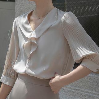 3/4-sleeve V-neck Ruffled Chiffon Blouse