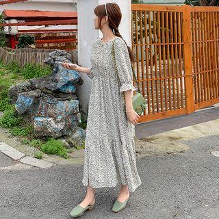 3/4-sleeve Floral Maxi A-line Dress Floral - Gray - One Size