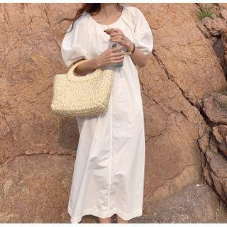 Short-sleeve Plain Midi Dress Gray - One Size