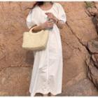 Short-sleeve Plain Midi Dress Gray - One Size