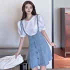 Set: Puff-sleeve Top + Denim Mini Overall Dress