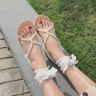Faux Pearl Lace-up Flat Sandals