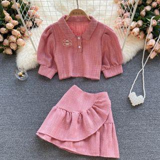 Set Of 2 : Lapel Puff-sleeve + Asymmetrical Ruffle Skirt