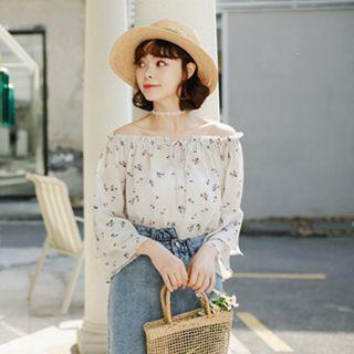 3/4-sleeve Floral Off Shoulder Chiffon Top