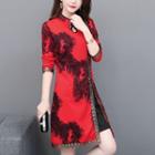 Long-sleeve Mandarin Collar Print Mini Dress