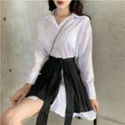 Plain Long-sleeve Shirtdress / Pleated Skirt