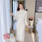 Long-sleeve Furry Trim Lace Midi Qipao Dress