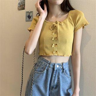 Square-neck Plain Bow Cropped Knit Top