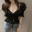 Puff Elbow-sleeve Tie-front Lace Trim Top Top - Black - One Size