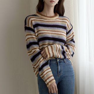 Crew-neck Stripe Knit Top Multicolor - One Size