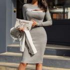 Long-sleeve Zip-accent Knit Bodycon Dress Gray - One Size