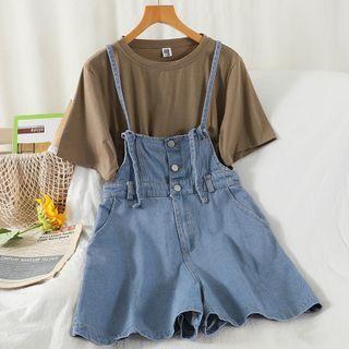 Set: Short-sleeve T-shirt + Spaghetti Strap Denim Playsuit