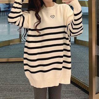 Heart Embroidered Striped Knit Top