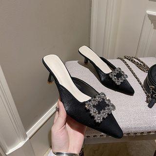 Rhinestone Buckle Kitten Heel Mules