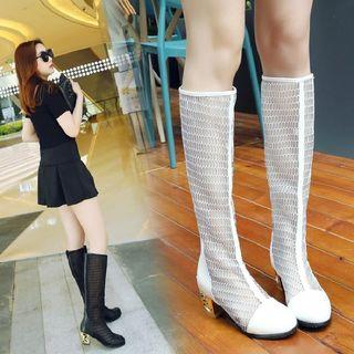 Mesh Chunky-heel Tall Boots