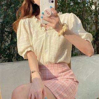 Ruffled Elbow-sleeve Crinkle Blouse