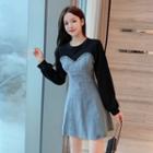 Long-sleeve Denim Panel Mini A-line Dress