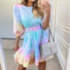 3/4-sleeve Tie Dye Mini A-line Dress