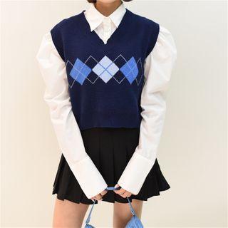 V-neck Two Tone Plaid Knit Vest