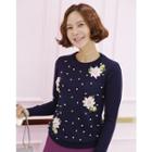 Faux-pearl Beaded Floral Embroidery Knit Top