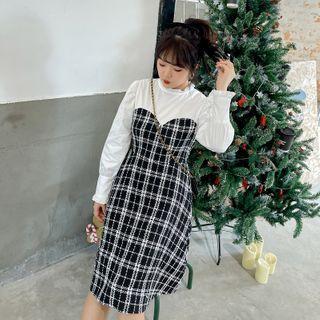 Mock Two-piece Woolen Plaid Dress