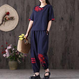Set: Short-sleeve Embroidered Flower Top + High-waist Embroidered Flower Pants