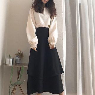 Plain Long-sleeve Top / Plain Midi Skirt