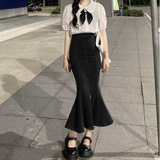 Ruffle Hem Midi Pencil Skirt / Puff-sleeve Blouse / Tie / Set