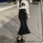 Ruffle Hem Midi Pencil Skirt / Puff-sleeve Blouse / Tie / Set