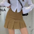 Pleated Corduroy Mini Pencil Skirt
