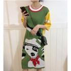 Elbow-sleeve Color Block Dog Midi Knit Dress