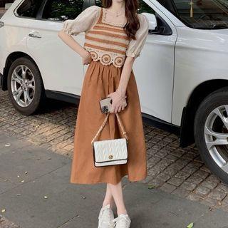 Short-sleeve Square Neck Cropped Blouse / Midi A-line Skirt / Set