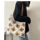 Contrast Strap Bear Print Tote Bag Khaki Bear - Beige - One Size