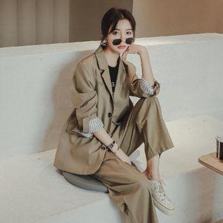 Set: Plain Single-breasted Blazer + Cropped Dress Pants