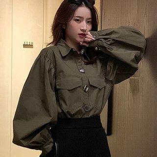 Long-sleeve Front-pocket Blouse