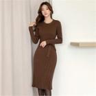 Round-neck Rib-knit Dress With Sash Brown - One Size