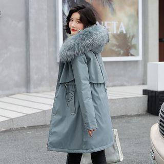 Fluffy Hooded Drawstring Zip Jacket