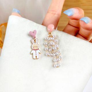 Rabbit Faux Pearl Asymmetrical Sterling Silver Drop Earring 1 Pair - Pink & White - One Size