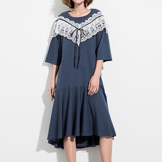 Lace-trim 3/4 Sleeve A-line Dress