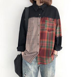 Long-sleeve Plaid Panel Shirt Black - One Size
