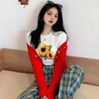 Flower Print Short-sleeve Cropped T-shirt / Plaid Straight-cut Pants