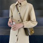 Plain Long-sleeve Shirt Dress Almond - One Size
