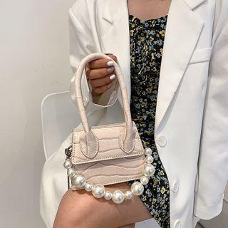 Faux Pearl Strap Croc Grain Crossbody Bag