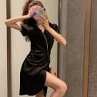 V-neck Wrap Short-sleeve Slit Mini Dress