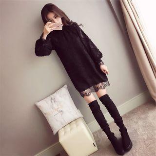 Long-sleeve Lace Trim Mini Shift Dress