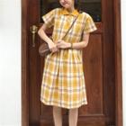 Short Sleeve Plaid Mini Dress Yellow - One Size