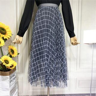 Elastic-waist Printed Mesh A-line Dress