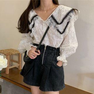 Flared-cuff Peter Pan-collar Lace Trim Blouse / High-waist Zip-up Wide Leg Shorts