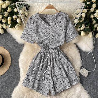 V-neck Floral Drawstring Playsuit